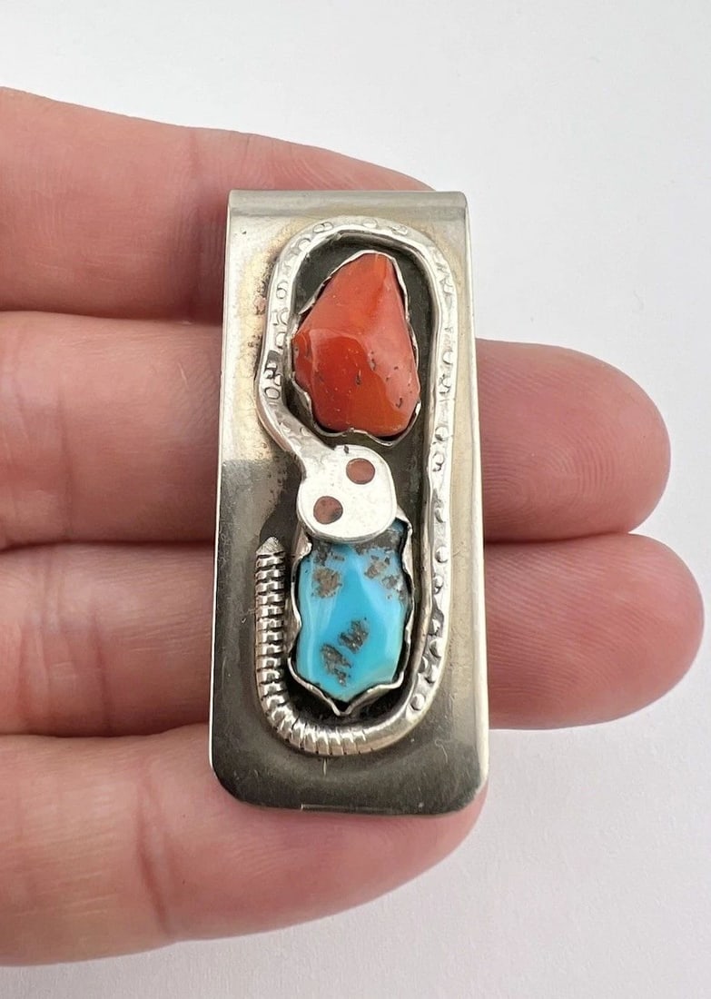 EFFIE CALAVAZA ZUNI NICKEL / STERLING SILVER TURQUOISE & CORAL SNAKE MONEY CLIP: EFFIE CALAVAZA ZUNI NICKEL / STERLING SILVER TURQUOISE & CORAL SNAKE MONEY CLIP Effie Calavaza Zuni Nickel / Sterling Silver Turquoise & Coral Snake Money Clip Size: 1 7/8" Tall By 3/4" Wide Metal: Ba