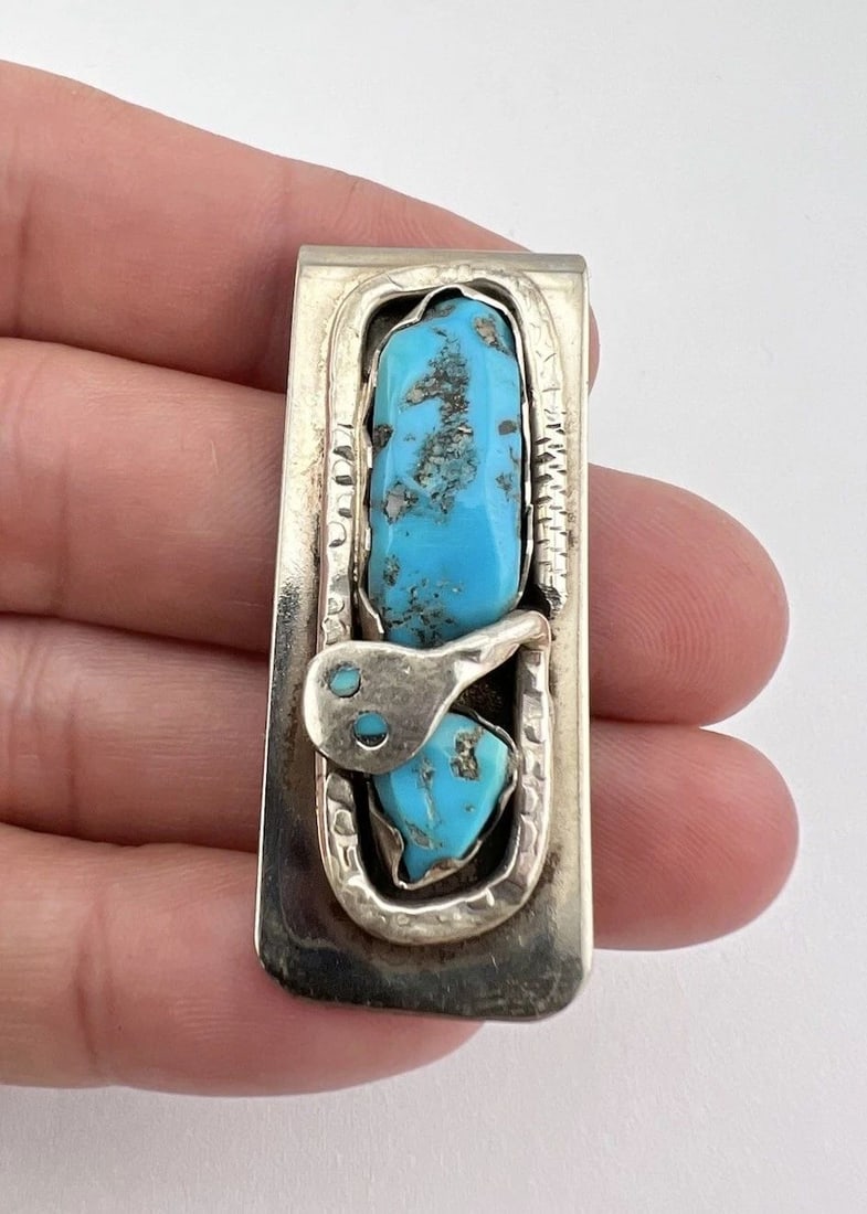 VTG EFFIE CALAVAZA ZUNI NICKEL / STERLING SILVER TURQUOISE SNAKE MONEY CLIP (1 of 2)