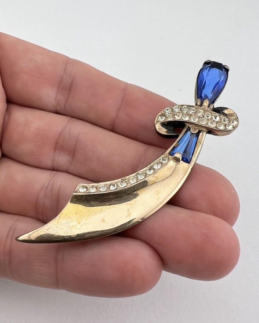 VINTAGE VERMEIL BLUE RHINESTONE MOGUL SWORD DAGGER PIN BROOCH 3 1/8" (1 of 2)