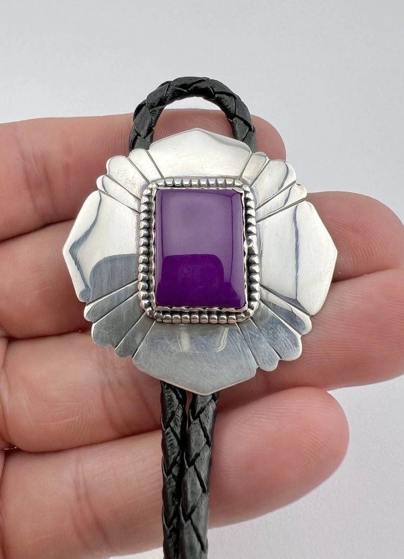 VTG NAVAJO STERLING SILVER SUGILITE? CHAROITE? STAMPED RECTANGLE BOLO TIE 1 5/8" (1 of 2)