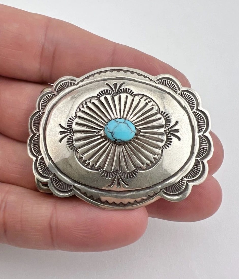 VTG NAVAJO STERLING SILVER DEEP STAMPED WEBBED TURQUOISE WOMEN'S BELT BUCKLE 2" (1 of 2)