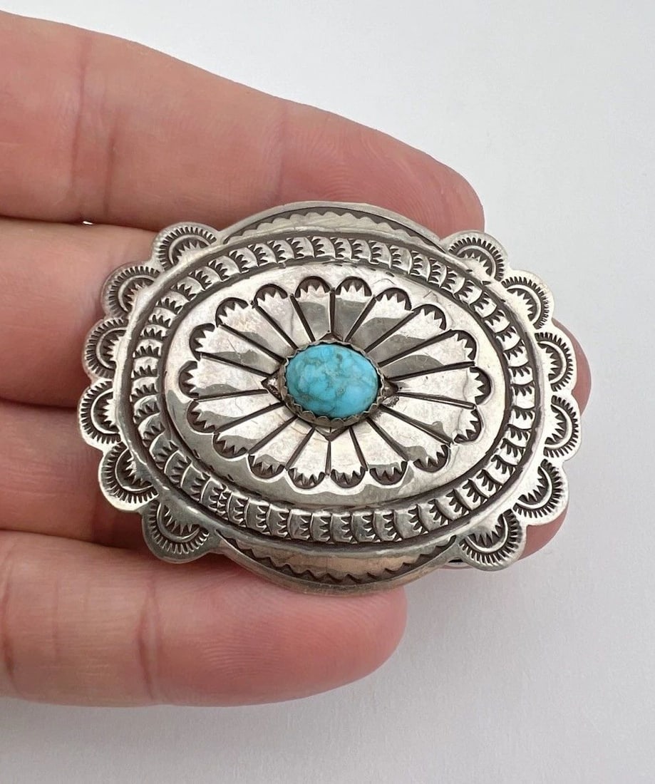 VTG NAVAJO STERLING SILVER DEEP STAMPED TURQUOISE WOMEN'S BELT BUCKLE 2" (1 of 2)