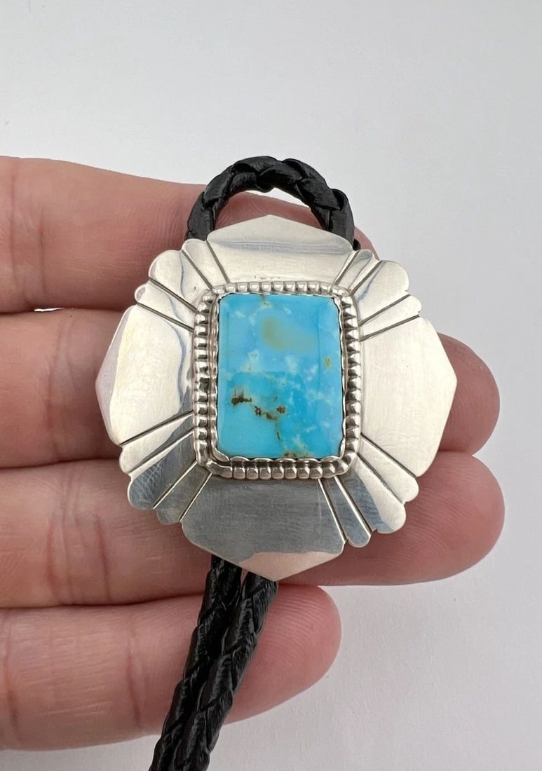 VTG NAVAJO STERLING SILVER STAMPED RECTANGLE KINGMAN TURQUOISE BOLO TIE 1 5/8" (1 of 2)