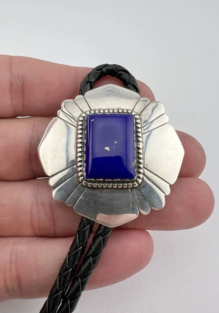 VTG NAVAJO STERLING SILVER STAMPED RECTANGLE BLUE LAPIS LAZULI BOLO TIE 1 5/8" (1 of 2)