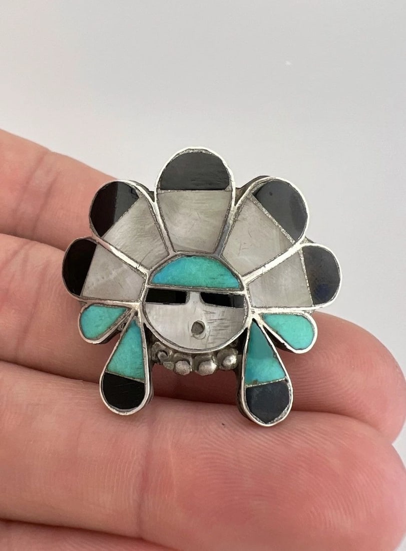 EARLY VTG ZUNI STERLING SILVER MULTI STONE INLAY SUNFACE RING (1 of 1)