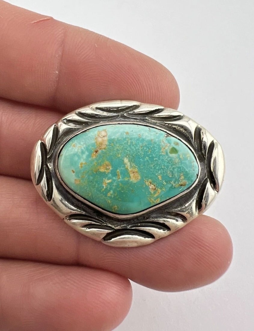 VTG NAVAJO STERLING SILVER ROYSTON TURQUOISE STAMPED CONCHO PIN BROOCH 1 3/8" (1 of 2)