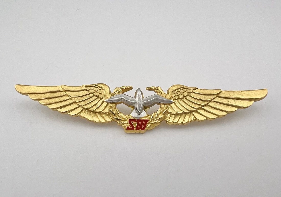 RARE SEABOARD WORLD (SW) AIRLINES FIRST OFFICER GOLD TONE PINS WINGS 3.25" (1 of 2)