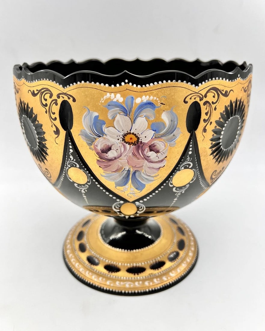 ANTIQUE BLACK AMETHYST GLASS ITALIAN MURANO HAND PAINTED 24K FLORAL COMPOTE (1 of 2)