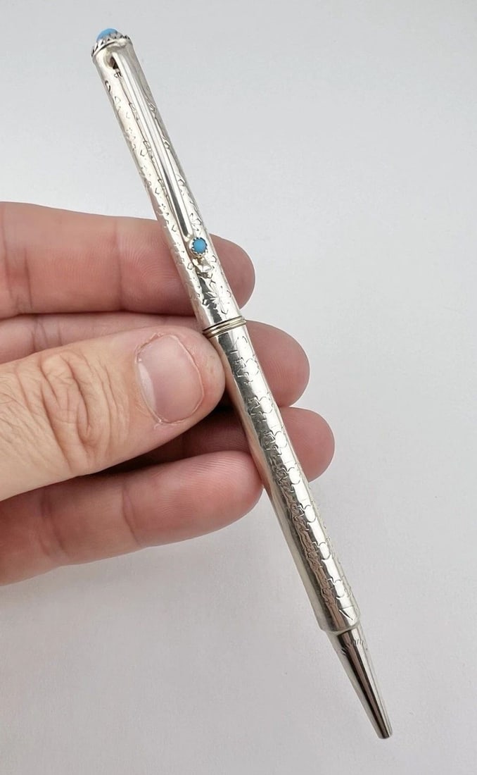 VTG NAVAJO STERLING SILVER NATURAL TURQUOISE STAMPED LIZARD ARROW BALLPOINT PEN (1 of 2)