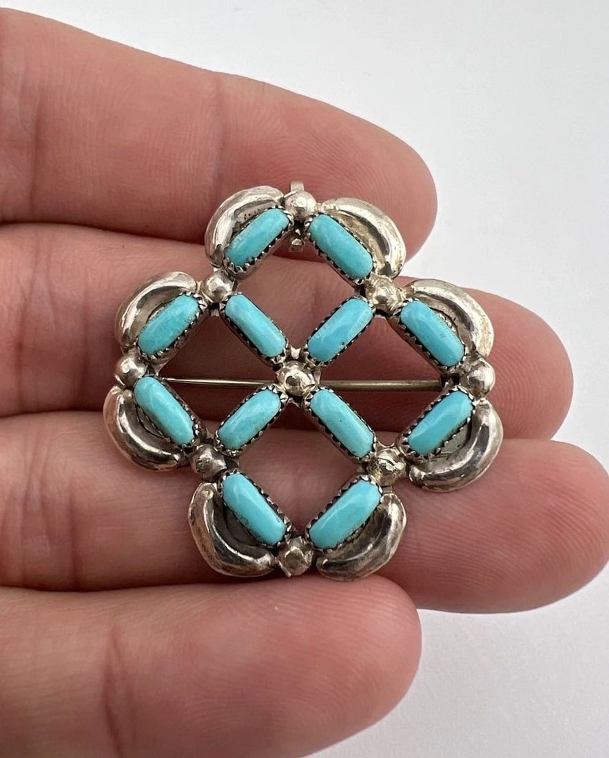VINTAGE ZUNI STERLING SILVER TURQUOISE ROUND CLUSTER PIN BROOCH PENDANT 1.5" (1 of 2)
