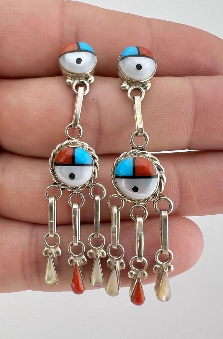 VTG ZUNI STERLING SILVER TURQUOISE & CORAL SUNFACE KACHINA DANGLE EARRINGS 2.25": VTG ZUNI STERLING SILVER TURQUOISE & CORAL SUNFACE KACHINA DANGLE EARRINGS 2.25" Vtg Zuni Sterling Silver Turquoise & Coral Sunface Kachina Dangle Earrings 2.25" Size: 2 1/4" Tall & 5/8" Wide Weight i