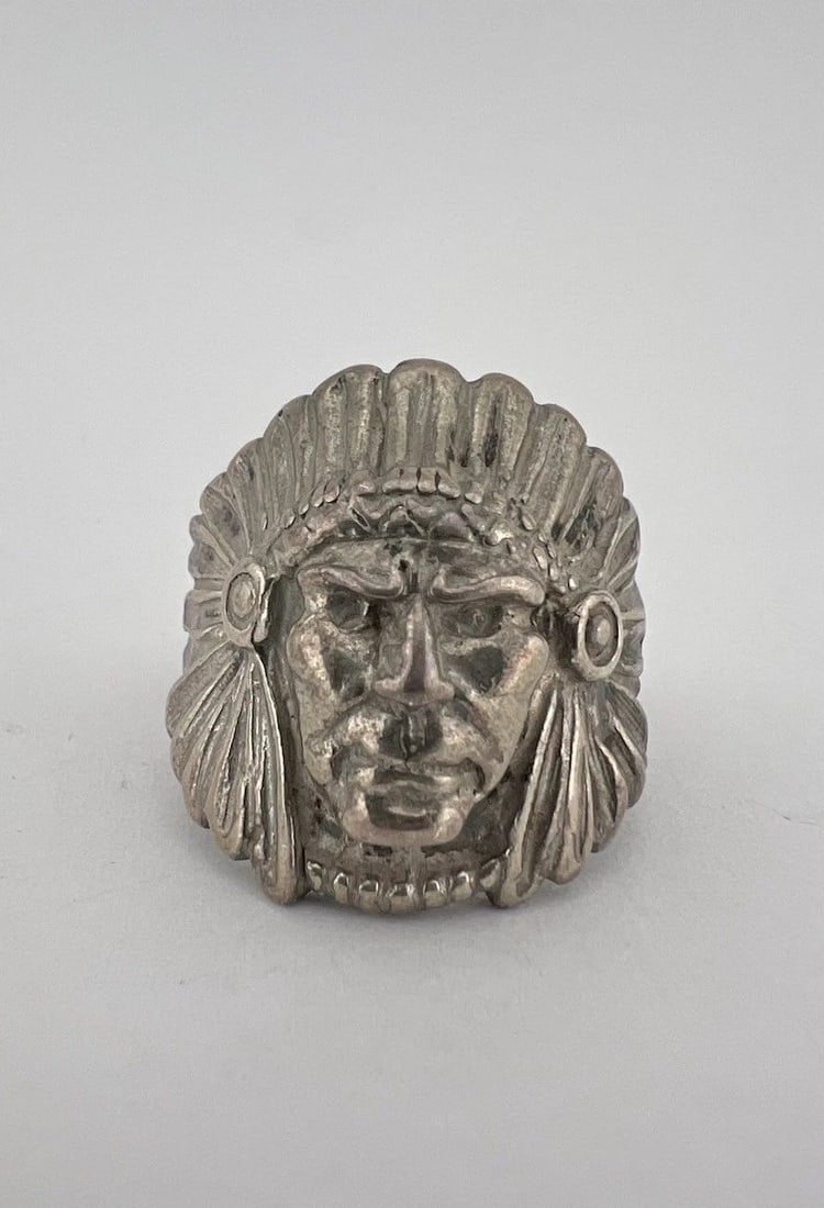 VTG NATIVE AMERICAN STERLING SILVER INDIAN CHIEF HEAD DRESS BIKER MEN'S RING (1 of 2)