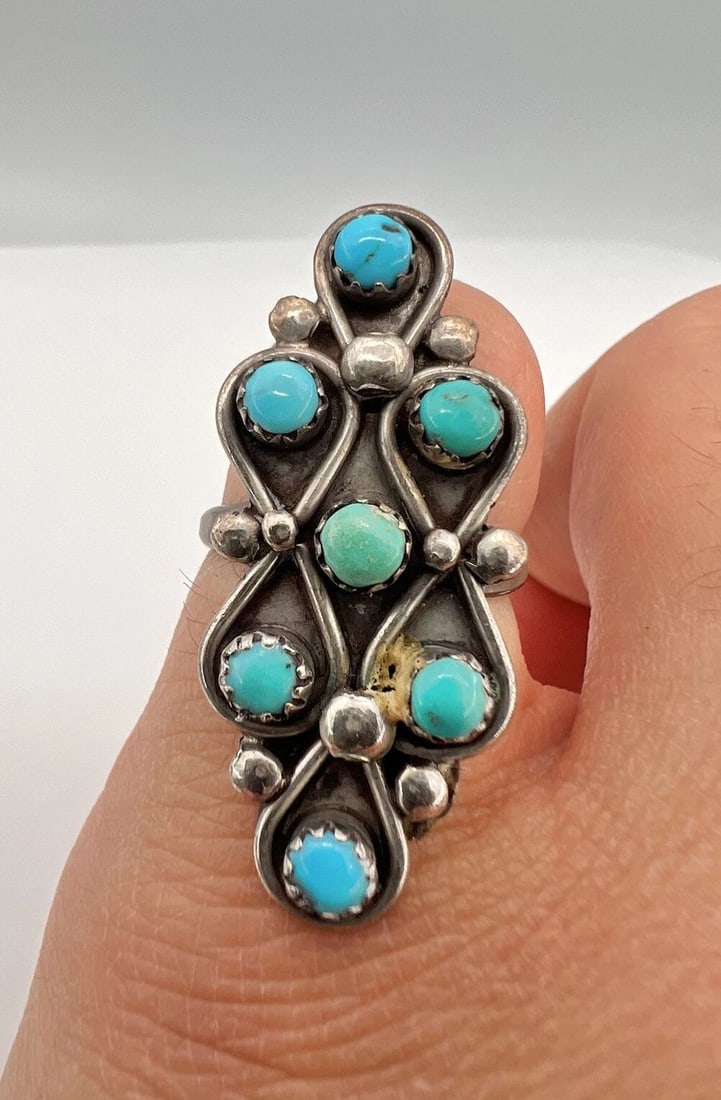 VINTAGE ZUNI STERLING SILVER PETIT POINT BLUE TURQUOISE CLUSTER LONG RING 1.5" (1 of 2)