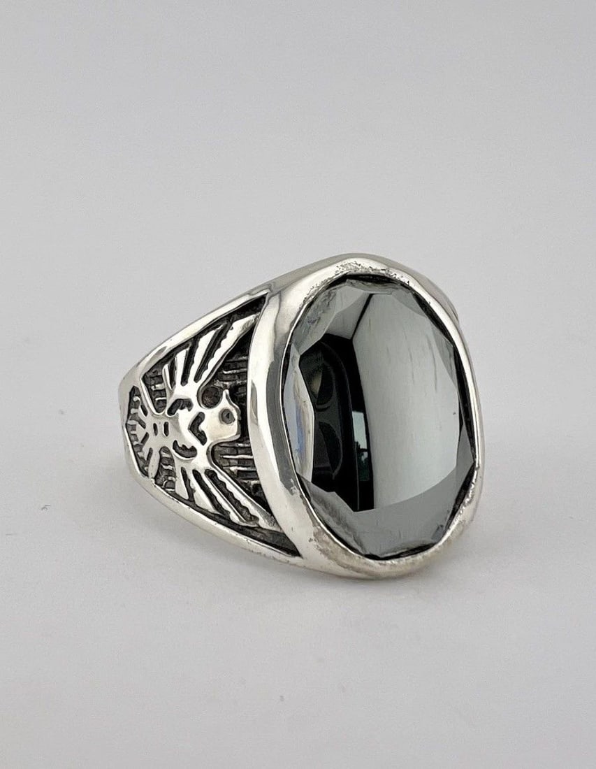 VINTAGE FRED HARVEY STYLE STERLING SILVER HEMATITE THUNDERBIRD MEN'S RING 15G (1 of 2)