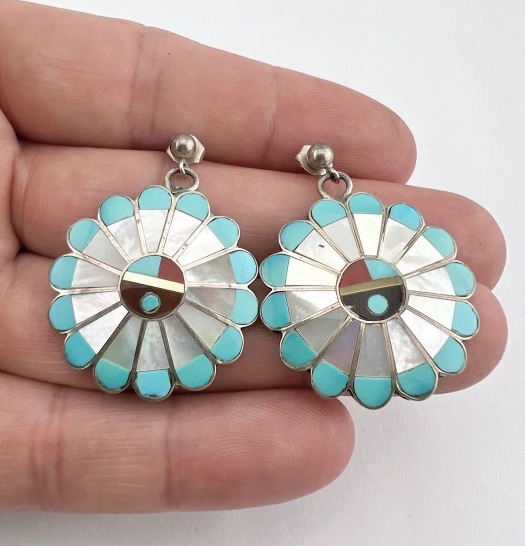 HUGE VTG ZUNI STERLING SILVER MULTI GEMSTONE SUNFACE POST DANGLE EARRINGS 1.5": HUGE VTG ZUNI STERLING SILVER MULTI GEMSTONE SUNFACE POST DANGLE EARRINGS 1.5" HUGE Vtg Zuni Sterling Silver Multi Gemstone Sunface Post Dangle Earrings 1.5" Size: 1 1/2" Tall With Dangle & Just Under