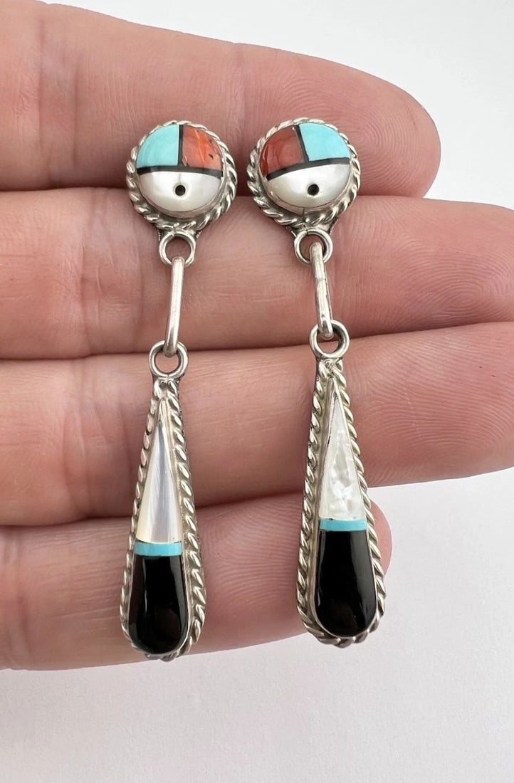 VINTAGE ZUNI STERLING SILVER MULTI GEMSTONE SUNFACE POST DANGLE EARRINGS 2 1/8" (1 of 2)