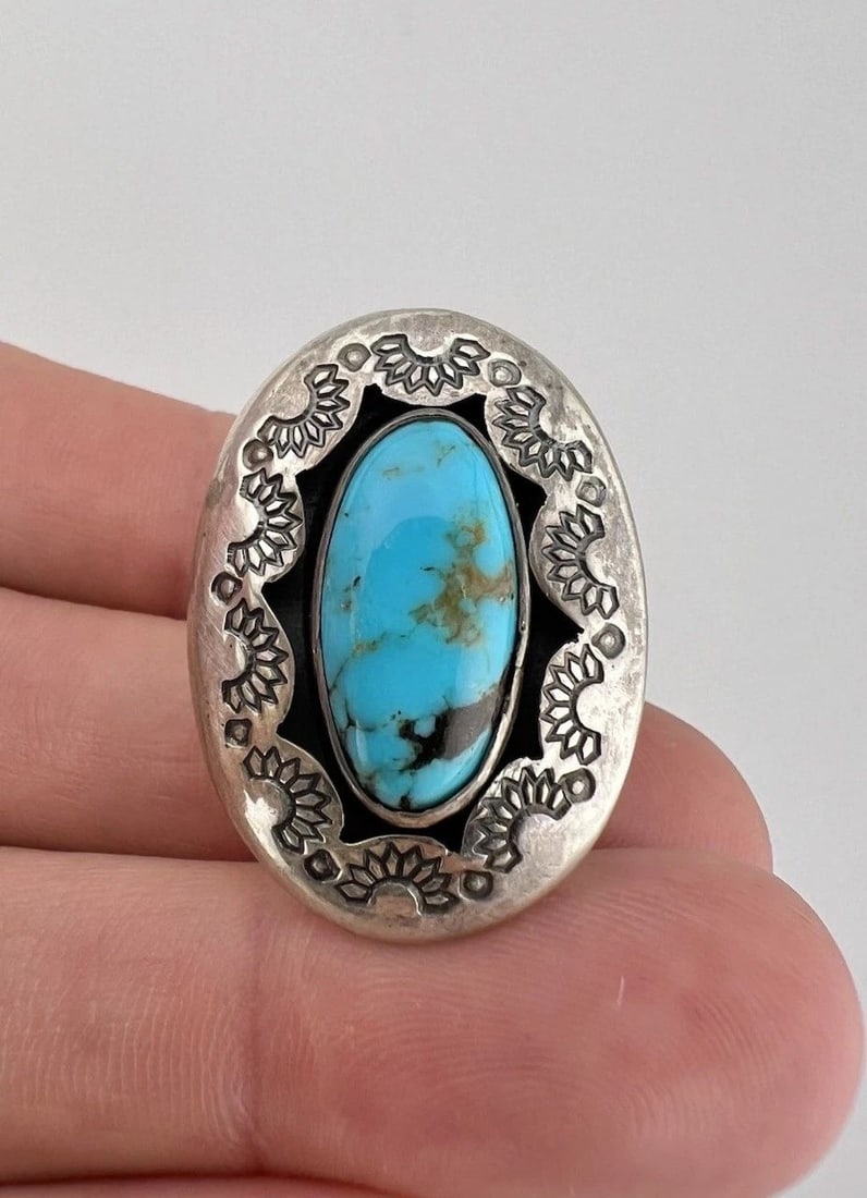 VTG NAVAJO STERLING SILVER KINGMAN TURQUOISE STAMPED SHADOWBOX OVAL RING 1.25" (1 of 2)