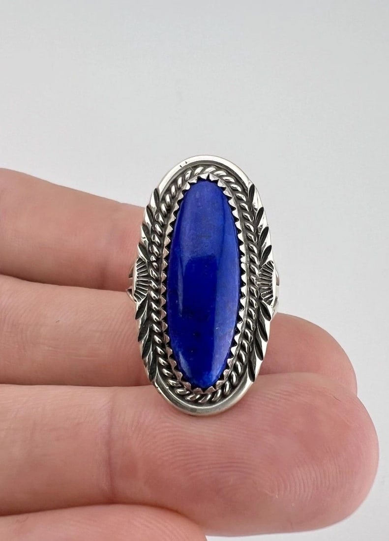 VTG WILL DENETDALE NAVAJO STERLING SILVER NATURAL BLUE LAPIS LAZULI STAMPED RING (1 of 2)