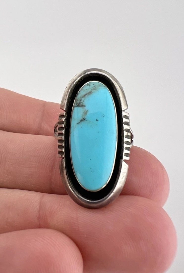 VTG NAVAJO STERLING SILVER KINGMAN TURQUOISE STAMPED SHADOWBOX OVAL RING 1.25" (1 of 2)
