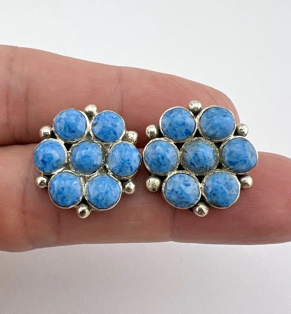 VTG NAVAJO STERLING SILVER DENIM BLUE LAPIS CLUSTER FLOWER POST EARRINGS: VTG NAVAJO STERLING SILVER DENIM BLUE LAPIS CLUSTER FLOWER POST EARRINGS Vtg Navajo Sterling Silver Denim Blue Lapis Cluster Flower Post Earrings Size: 7/8" Tall & Wide Weight is 8.9 Grams on my scale