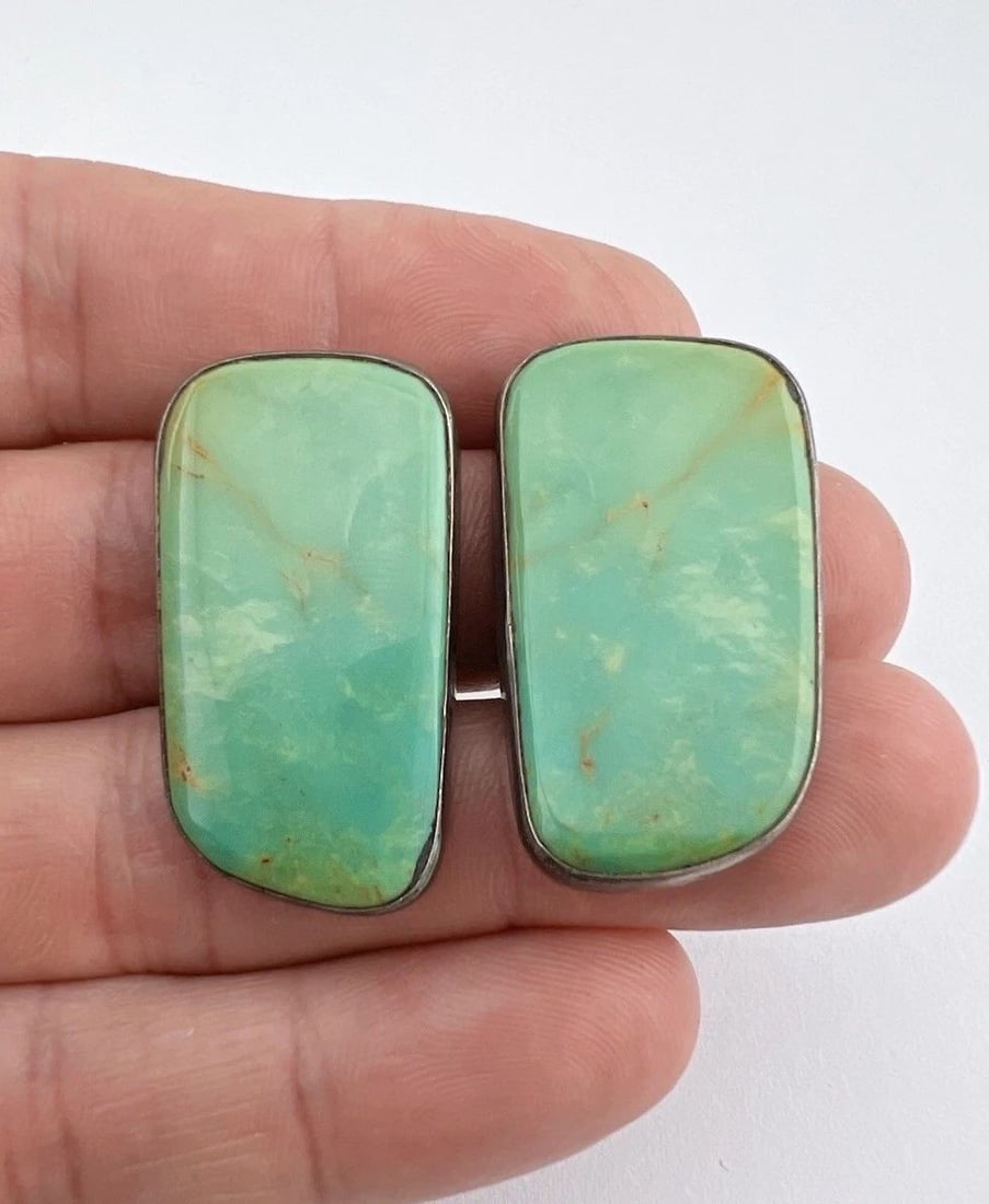 HUGE VINTAGE NAVAJO STERLING SILVER ROYSTON TURQUOISE SLAB CLIP EARRINGS 1 3/8" (1 of 2)