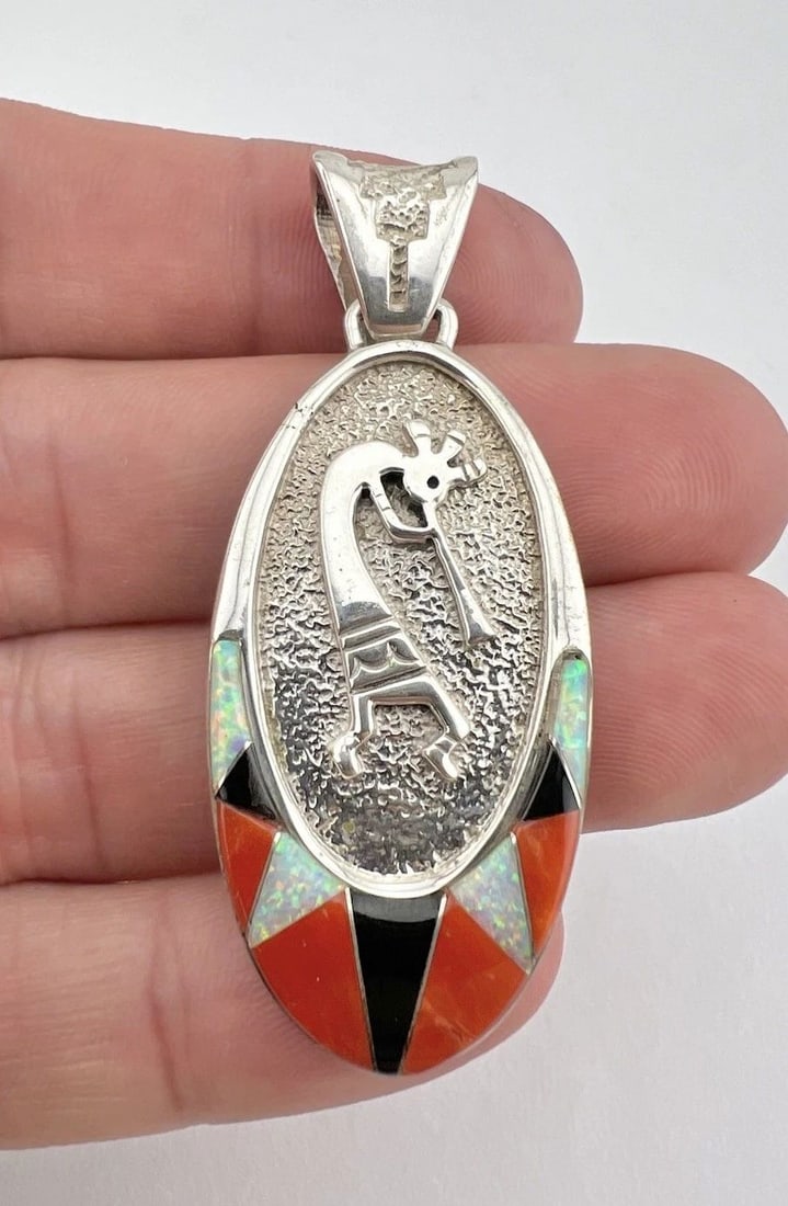 RICK TOLINO NAVAJO STERLING SILVER CORAL & OPAL & JET KOKOPELLI PENDANT 2.25": RICK TOLINO NAVAJO STERLING SILVER CORAL & OPAL & JET KOKOPELLI PENDANT 2.25" Rick Tolino Navajo Sterling Silver Coral & Opal & Jet KOKOPELLI Pendant 2.25" Size: 2 1/4" Tall with Bail & 7/8" Wide Meta