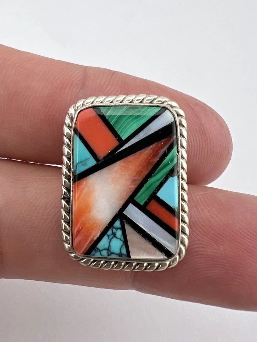 VTG DOUG ZACHARY NAVAJO STERLING SILVER MULTI GEMSTONE RECTANGLE PENDANT 1" (1 of 2)