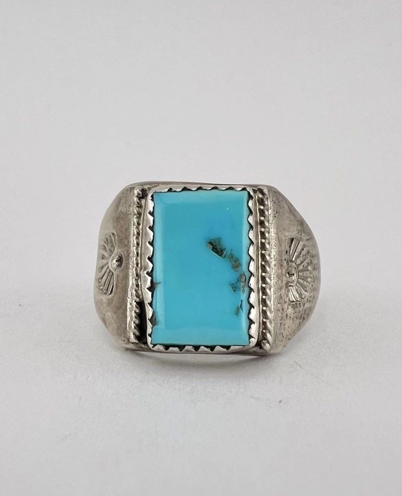 VTG NAVAJO STERLING SILVER SLEEPING BEAUTY TURQUOISE STAMPED SQUARE MEN'S RING: VTG NAVAJO STERLING SILVER SLEEPING BEAUTY TURQUOISE STAMPED SQUARE MEN'S RING Vtg Navajo Cast Sterling Silver Sleeping Beauty Turquoise Stamped Square Men's Ring Ring Size: 11 - Can Be Resized Weight