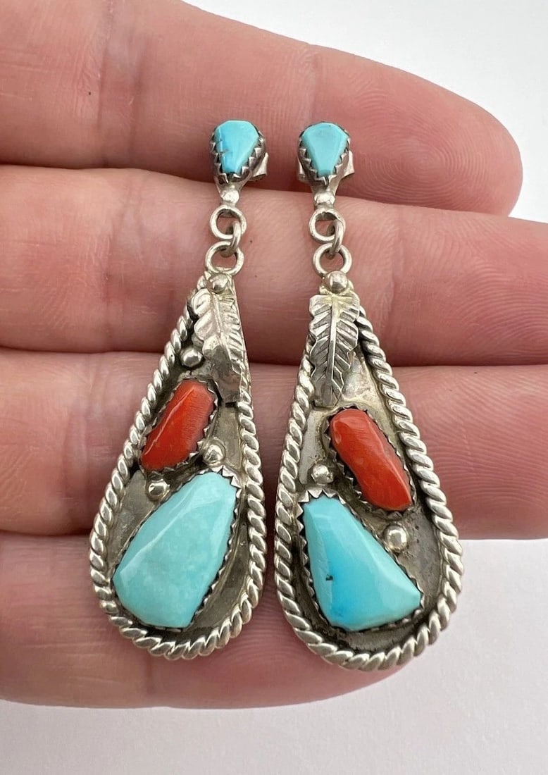 VTG ANGELITA CHEAMA ZUNI STERLING SILVER TURQUOISE & RED CORAL POST EARRINGS 2" (1 of 2)