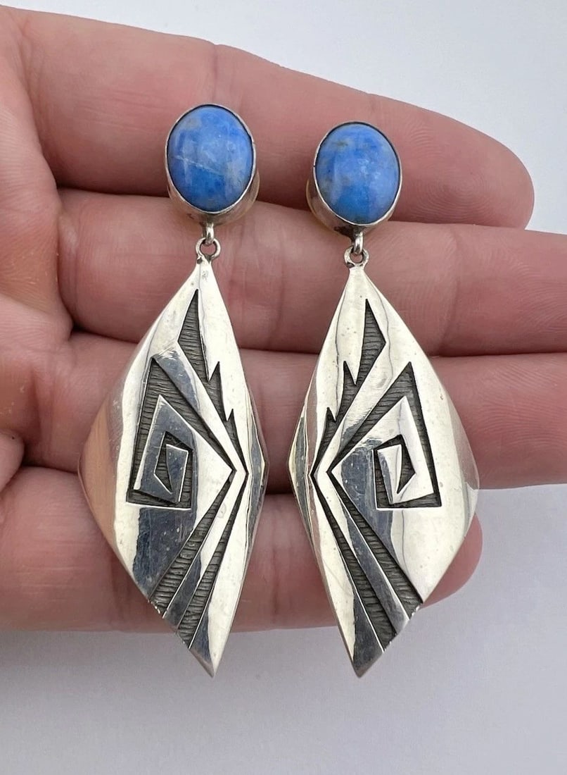 NAVAJO STERLING SILVER NATURAL DENIM BLUE LAPIS OVERLAY DANGLE EARRINGS 2 3/8": NAVAJO STERLING SILVER NATURAL DENIM BLUE LAPIS OVERLAY DANGLE EARRINGS 2 3/8" Vtg AR Navajo Sterling Silver Natural Denim Blue Lapis Overlay Dangle Earrings 2 3/8" Size: Around 2 3/8" Tall With Dangl