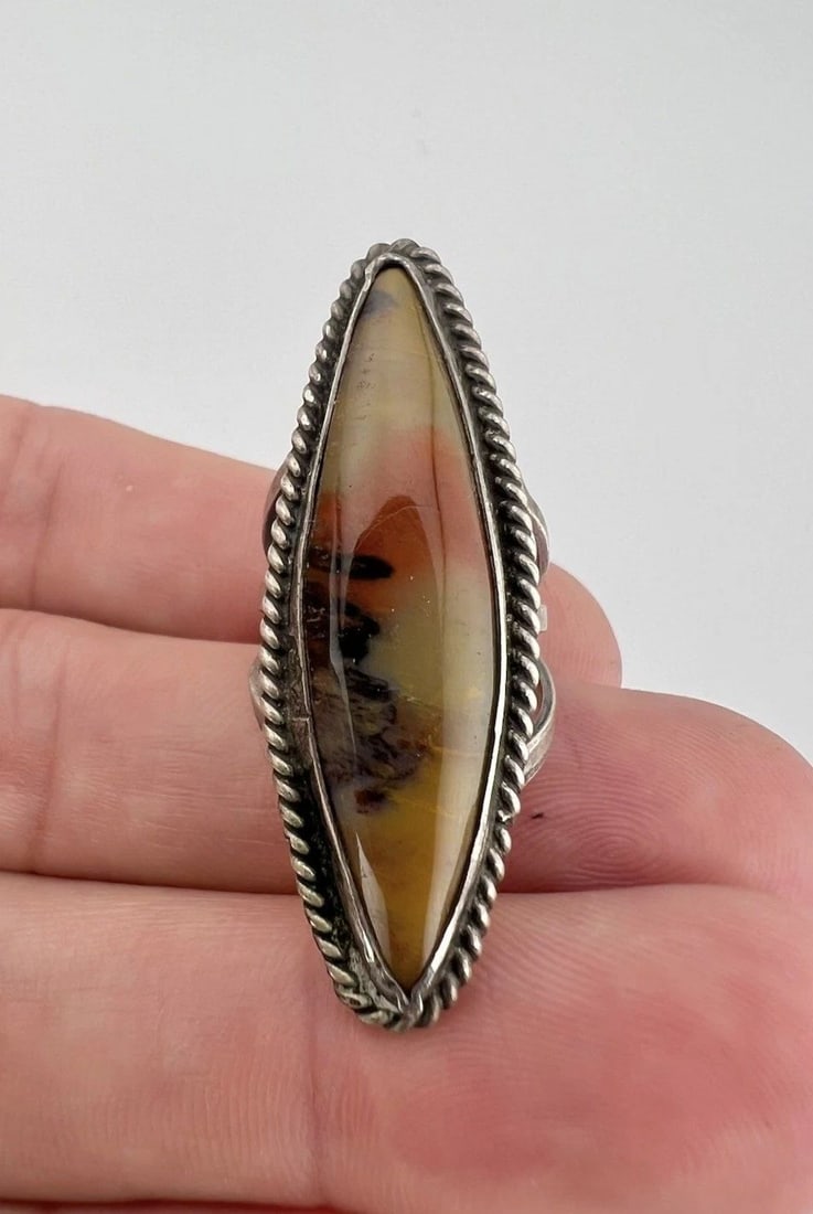 HUGE OLD FRED HARVEY ERA NAVAJO PETRIFIED WOOD AGATE STERLING SILVER RING 1 5/8" (1 of 2)