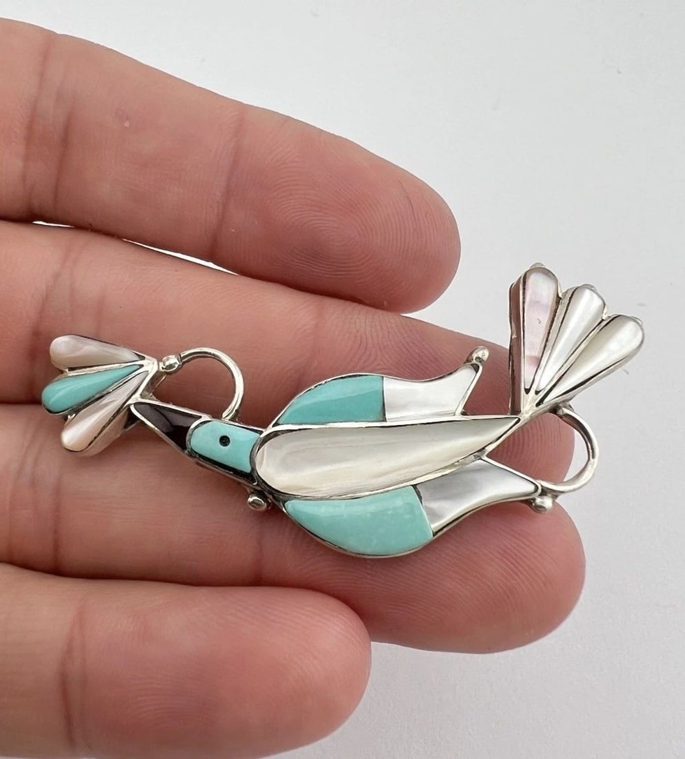 VTG ZUNI STERLING SILVER MULTI GEMSTONE WATERBIRD BROOCH PIN PENDANT 2.25" (1 of 2)