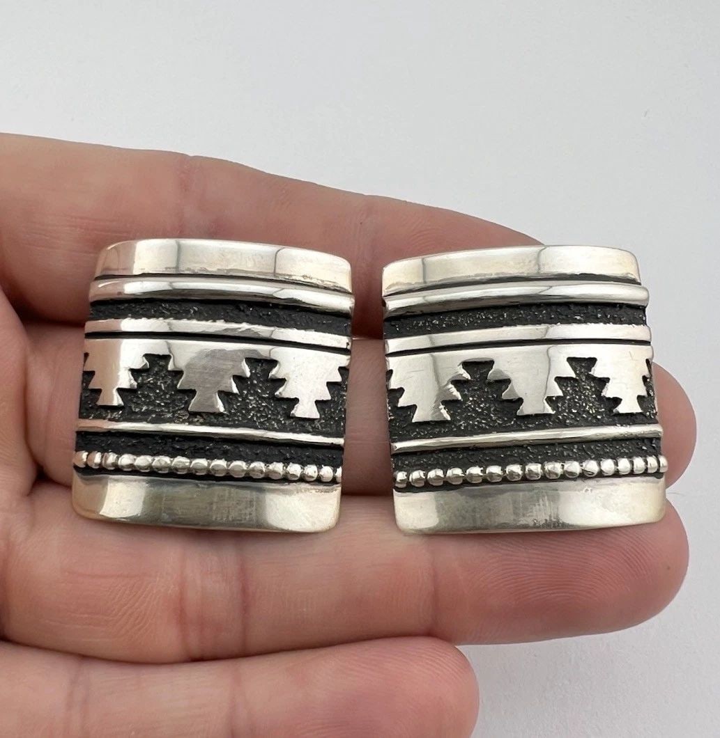 HUGE TOMMY THOMAS SINGER NAVAJO STERLING SILVER OVERLAY SQUARE POST EARRINGS: HUGE TOMMY THOMAS SINGER NAVAJO STERLING SILVER OVERLAY SQUARE POST EARRINGS HUGE Tommy Thomas Singer Navajo Sterling Silver Overlay Square Post Earrings Size: Almost 1 1/4" Tall & Wide Weight is 16.0