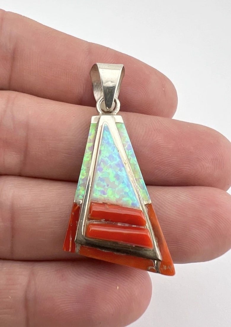 VTG LARRY CASTILLO NAVAJO STERLING SILVER RED CORAL & FIRE OPAL 3D INLAY PENDANT: VTG LARRY CASTILLO NAVAJO STERLING SILVER RED CORAL & FIRE OPAL 3D INLAY PENDANT Vtg Larry Castillo Navajo Sterling Silver Red Coral & Fire Opal 3D Inlay Pendant Size: Over 1 3/4" Tall With Bail & 7/8
