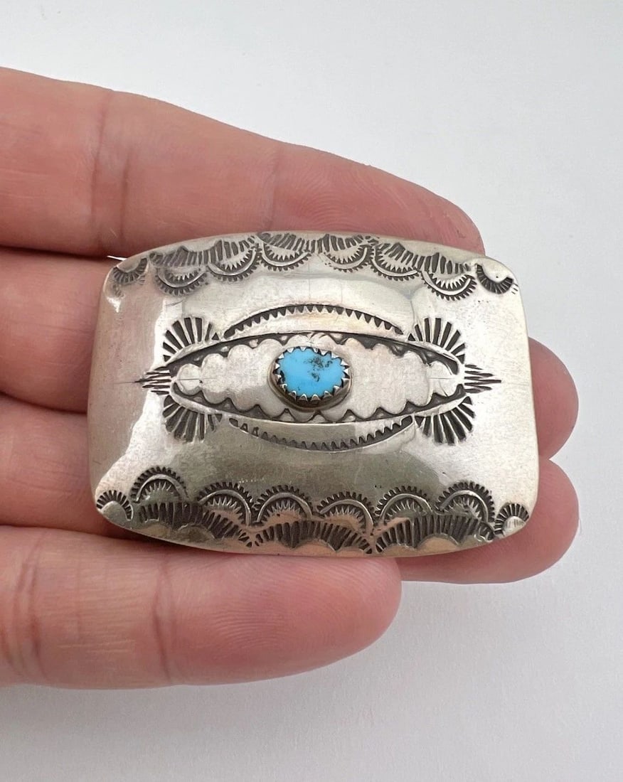 VTG NAVAJO STERLING SILVER DEEP STAMPED TURQUOISE WOMEN'S BELT BUCKLE 2" (1 of 2)