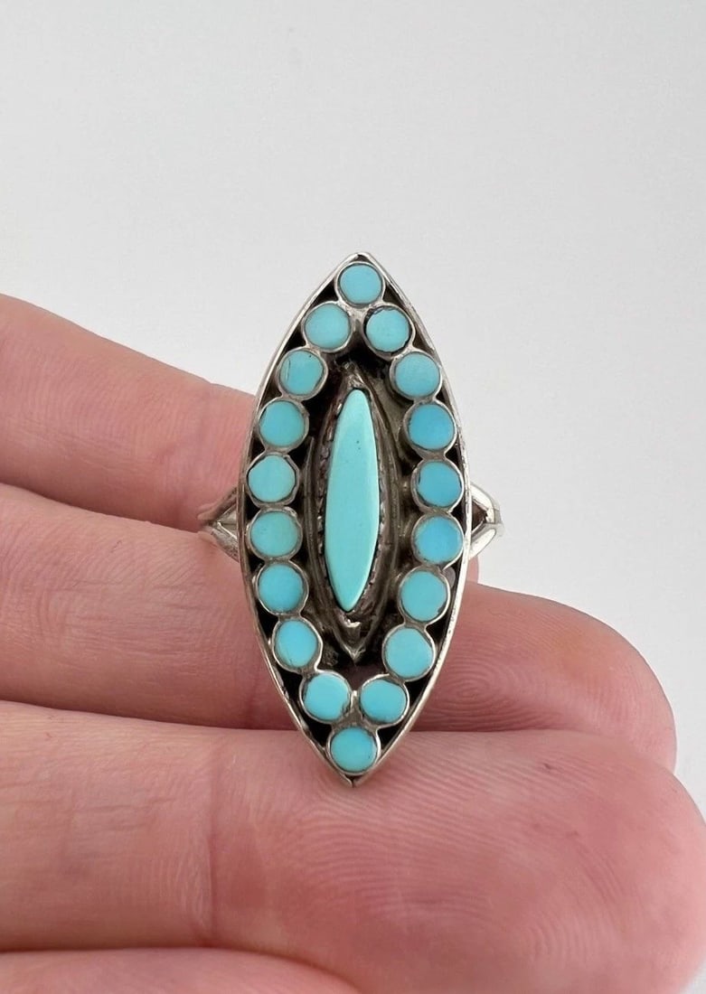 VINTAGE ZUNI STERLING SILVER FLUSH INLAY TURQUOISE WOMEN'S RING 1.25" (1 of 2)