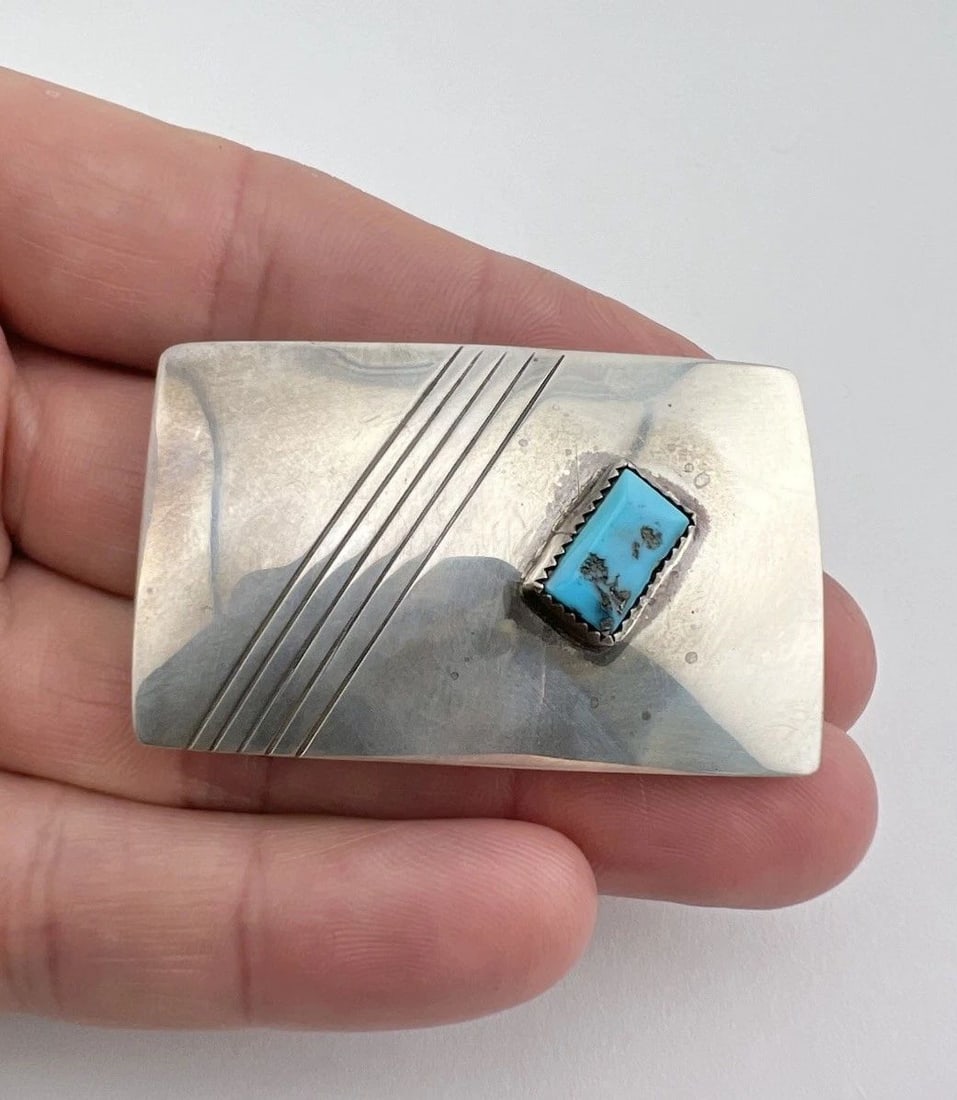 VTG CONTEMPORARY JM NAVAJO STERLING SILVER TURQUOISE WOMEN'S BELT BUCKLE 2" (1 of 2)