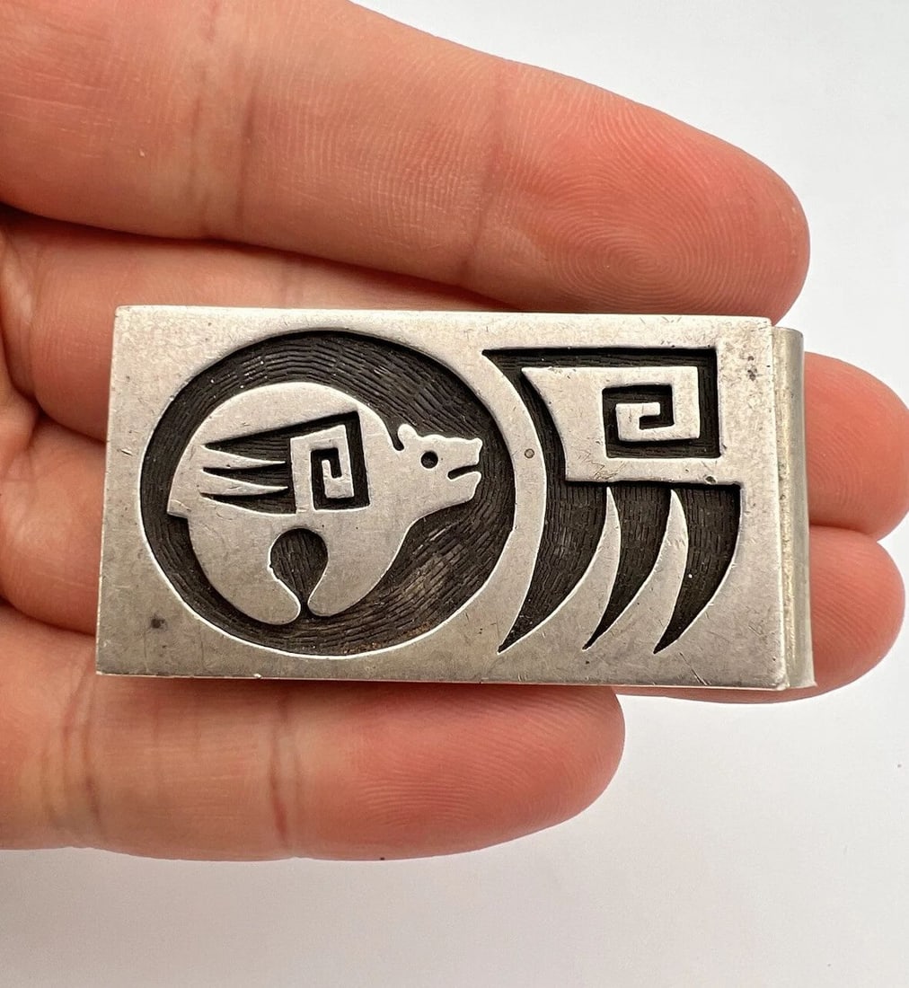 VINTAGE HOPI STERLING SILVER BEAR & CLAW OVERLAY MONEY CLIP 33G (1 of 2)