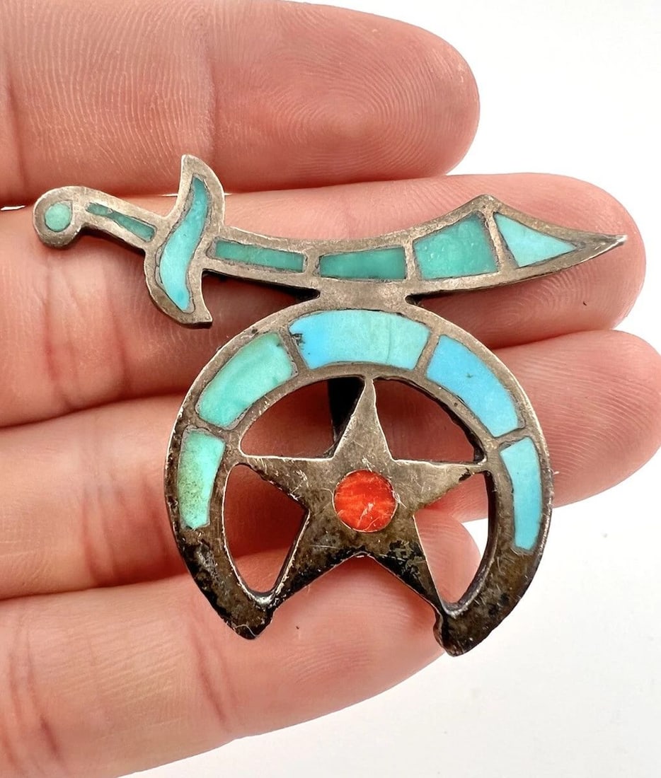 VTG ZUNI TURQUOISE & CORAL SHRINERS FREEMASON MASONIC STERLING SILVER PENDANT (1 of 2)