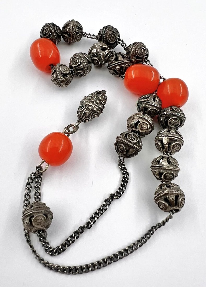 ANTIQUE HONEY AMBER & SILVER MISBAHA ROSARY ISLAMIC PRAYER BEAD TASSEL (1 of 2)
