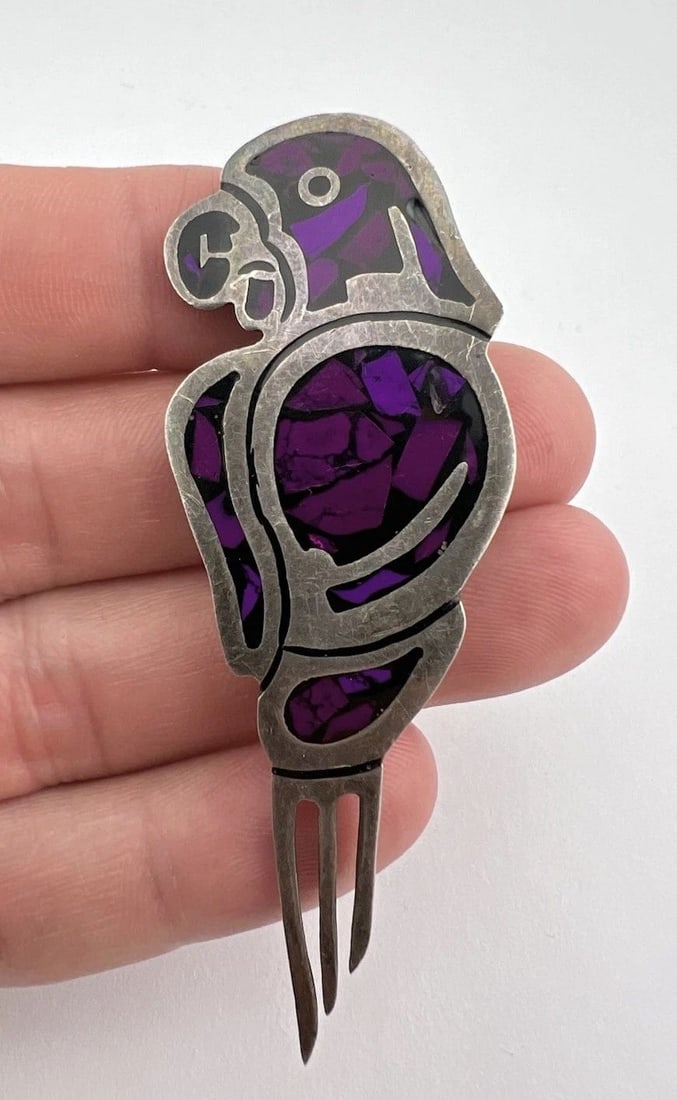 3" VTG TAXCO MEXICO STERLING SILVER PURPLE GEMSTONE PARROT BROOCH PENDANT 14.1G (1 of 2)