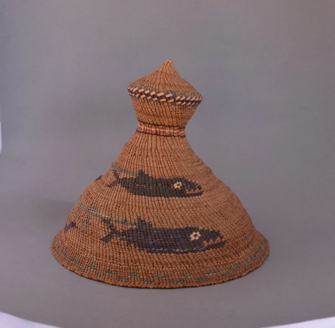 RARE VINTAGE OLDER NORTHWEST COAST WHALER'S HAT BASKET - PICTORIAL WHALES - (1 of 1)