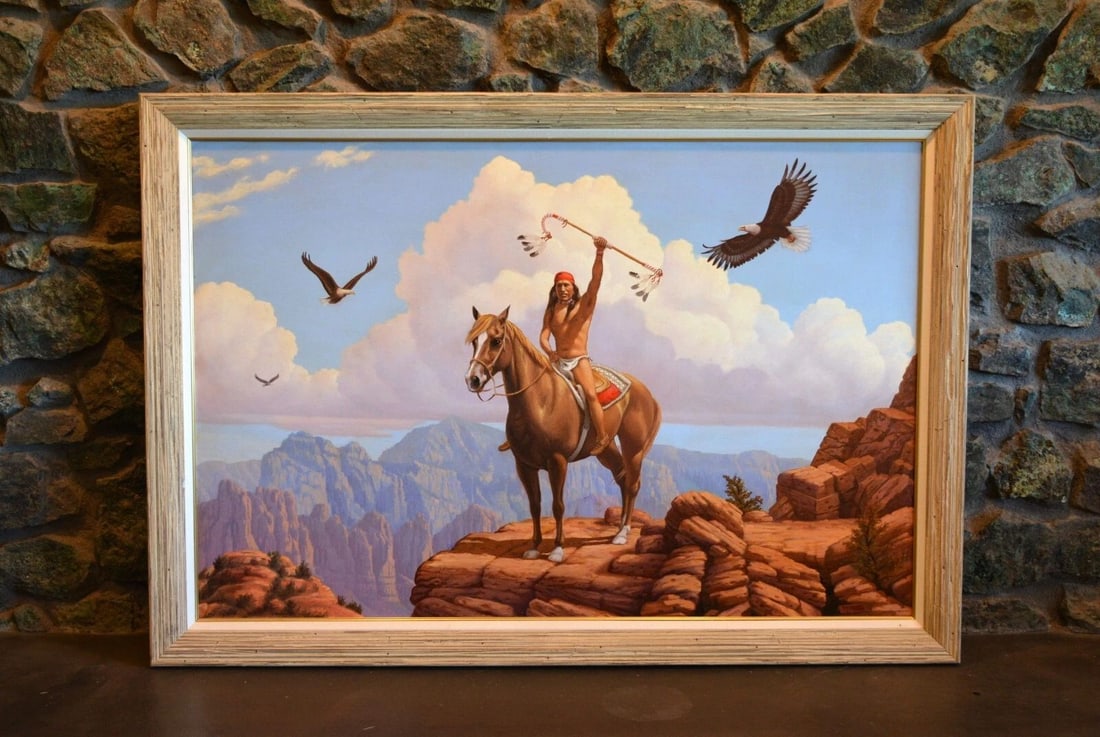 FRANKLIN MOODY - LARGE PAINTING - INDIAN ON HORSEBACK EAGLES SOUTHWEST RED ROCKS: FRANKLIN MOODY - LARGE PAINTING - INDIAN ON HORSEBACK EAGLES SOUTHWEST RED ROCKS Item Description: This large original painting was done by Southwest artist Franklin Moody (1924-). On the back it is t