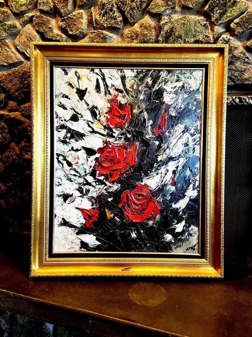 HAL SINGER - LARGE VINTAGE OIL PAINTING - RED ROSES STILL LIFE - FRAMED (1 of 1)