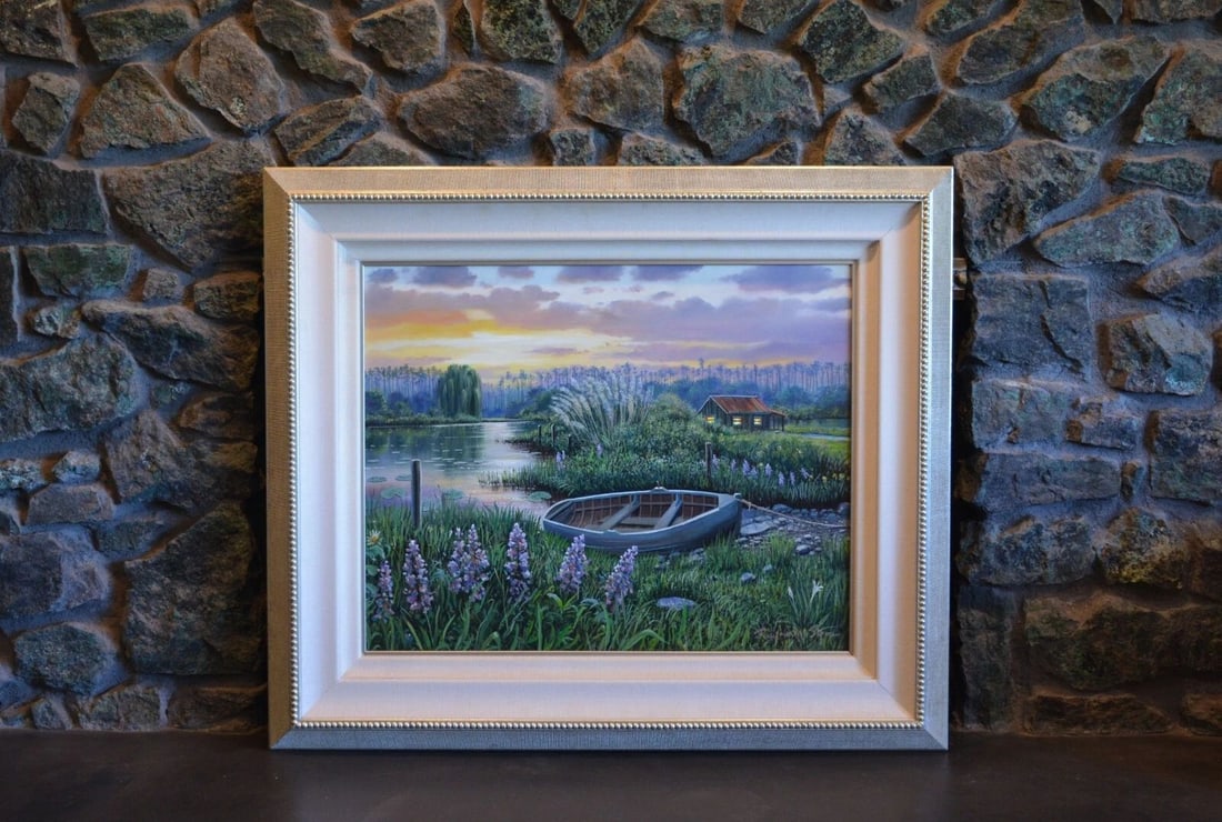 RAYMOND SIPOS (1938-) OIL PAINTING OLD BOAT DOCKED IN BAYOU IN SPRING - FLOWERS: RAYMOND SIPOS (1938-) OIL PAINTING OLD BOAT DOCKED IN BAYOU IN SPRING - FLOWERS Item Description: This original oil painting was done by Raymond Sipos (1938-). It is titled on the back, "Silent Rendez