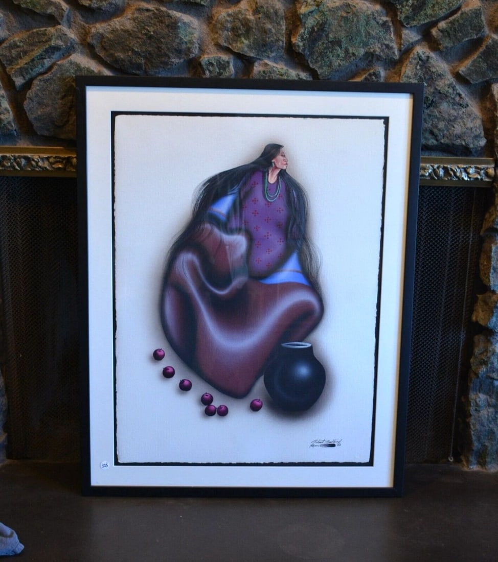 ROBERT REDBIRD (1939-2016) - ORIGINAL GOUACHE PAINTING BLANKET WOMAN - FRAMED: ROBERT REDBIRD (1939-2016) - ORIGINAL GOUACHE PAINTING BLANKET WOMAN - FRAMED This beautiful painting was done by well known Native American Kiowa artist Robert Redbird (1939-2016). It shows a blanket