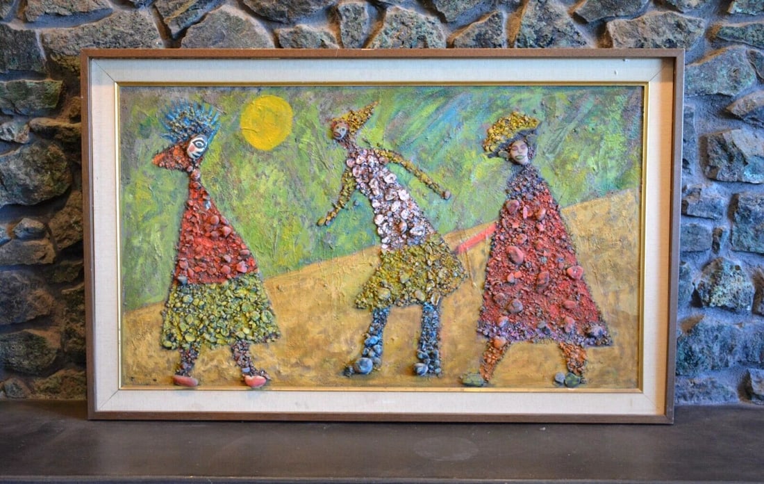CAMILLE BLAIR (1894-) LARGE PAINTING COLLAGE - YOUNG WOMEN ON THE GO - FOLK ART (1 of 1)