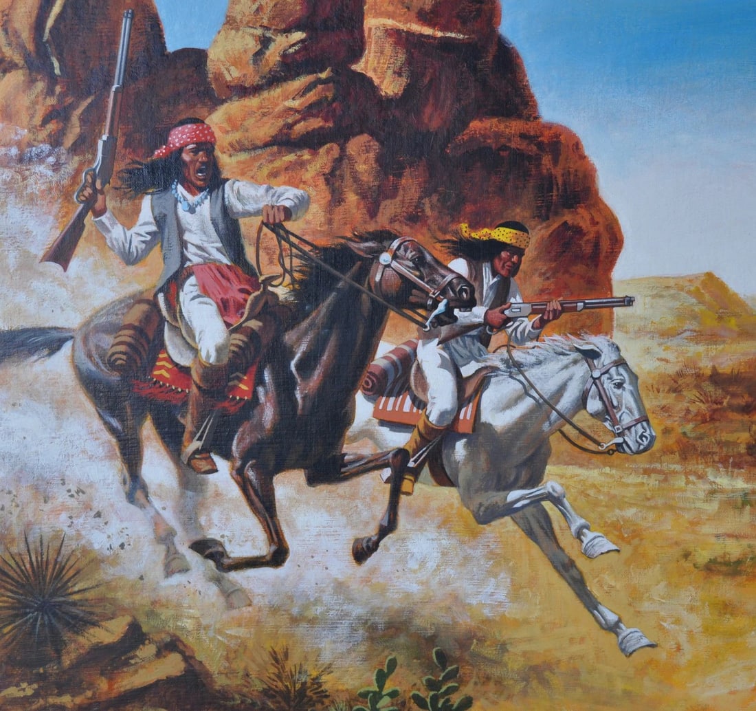 JAMES E. SEWARD (1926-) ORIGINAL OIL PAINTING APACHE "GERONIMO" ON HORSEBACK (1 of 2)