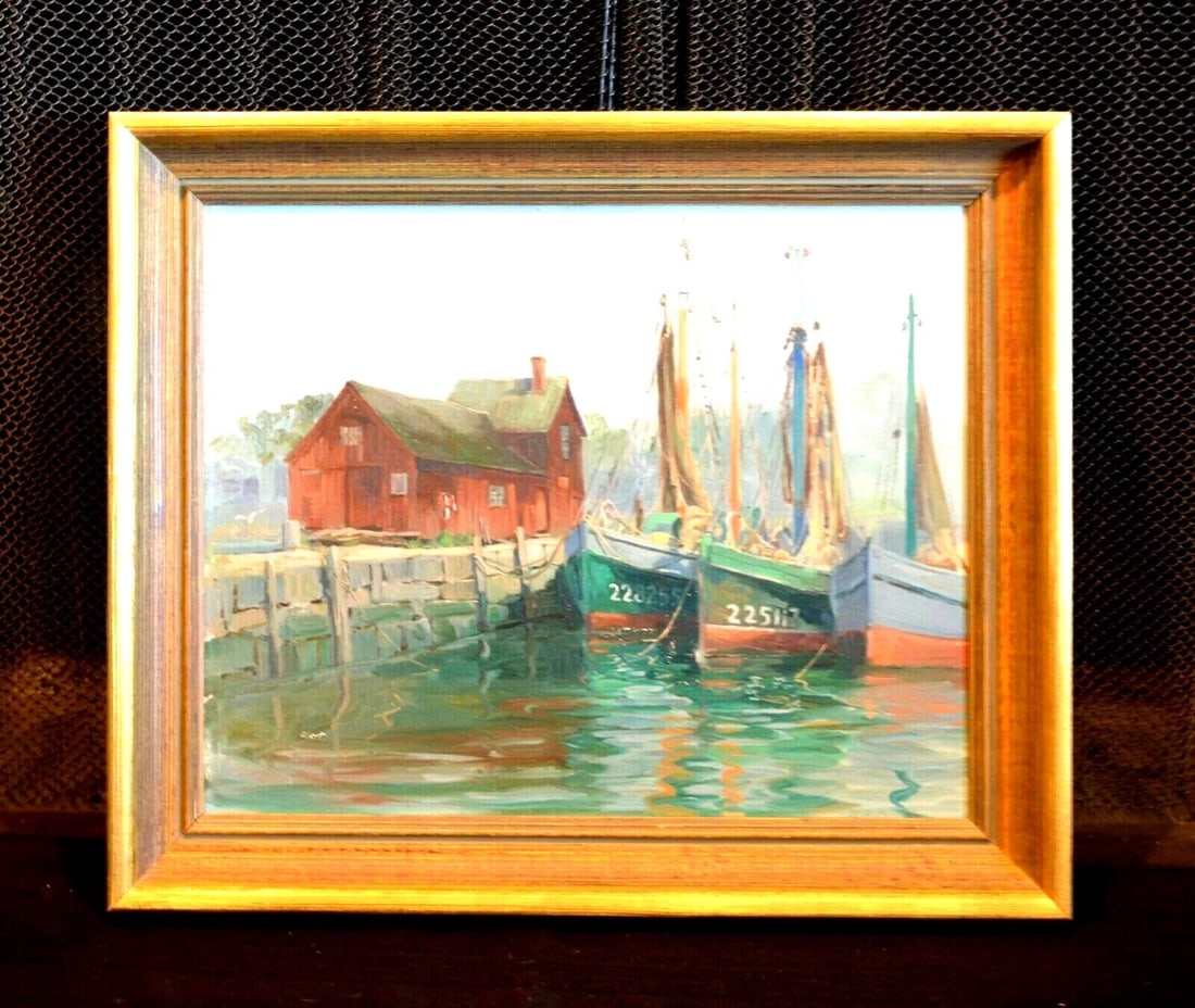 EDWARD P. BUYCK 1880-1960 VTG PAINTING ROCKPORT MASS HARBOR SCENE: EDWARD P. BUYCK 1880-1960 VTG PAINTING ROCKPORT MASS HARBOR SCENE Item Description: This painting was done by New York artist Edward P. Buyck (1888-1960). It shows the Motif Pier # 1 in Rockport Massa