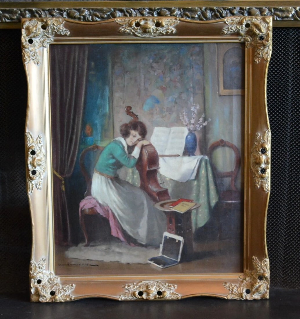 ENDRE KOMAROMI-KACZ (1880-1969) HUNGARIAN - OIL PAINTING YOUNG WOMAN WITH CELLO: ENDRE KOMAROMI-KACZ (1880-1969) HUNGARIAN - OIL PAINTING YOUNG WOMAN WITH CELLO This antique oil painting was done by Hungarian artist Endre Komaromi-Kacz (1890-1969). Endre is known for his genre pai
